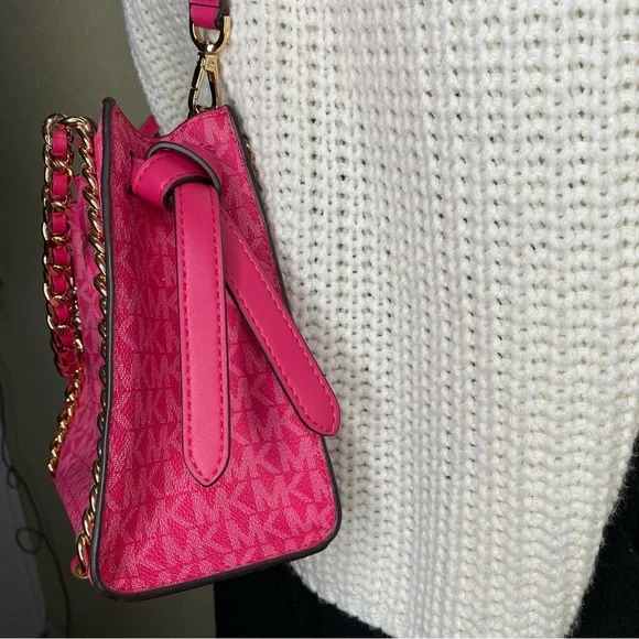 Michael Kors Mina Signature Logo Chain Pink Crossbody Shoulder Bag New - Picture 5 of 16